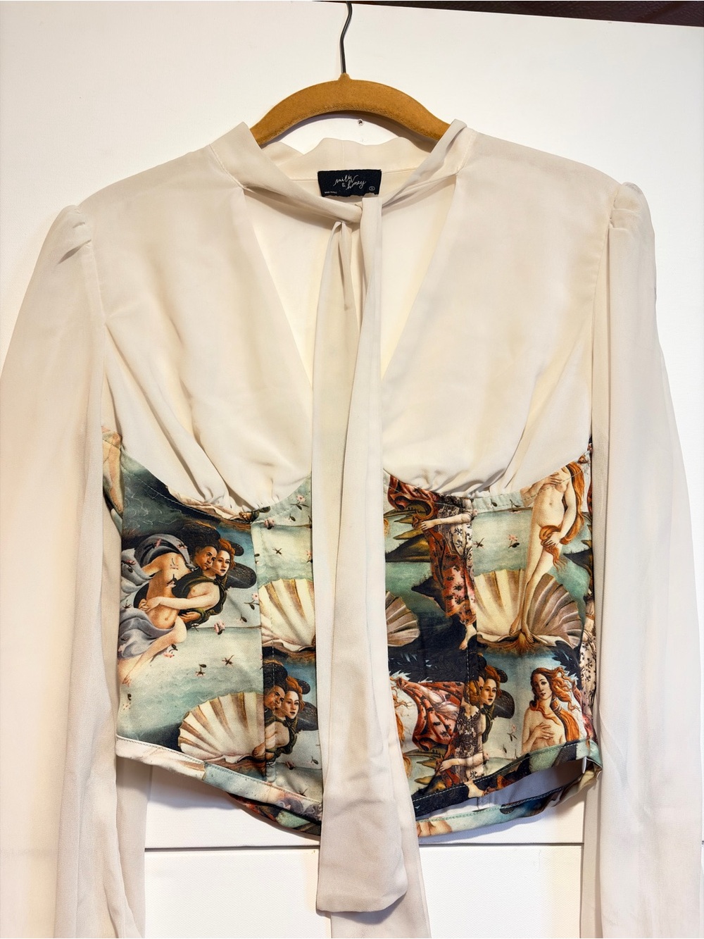 Cream Tie-Neck Blouse with Renaissance Print Bodice